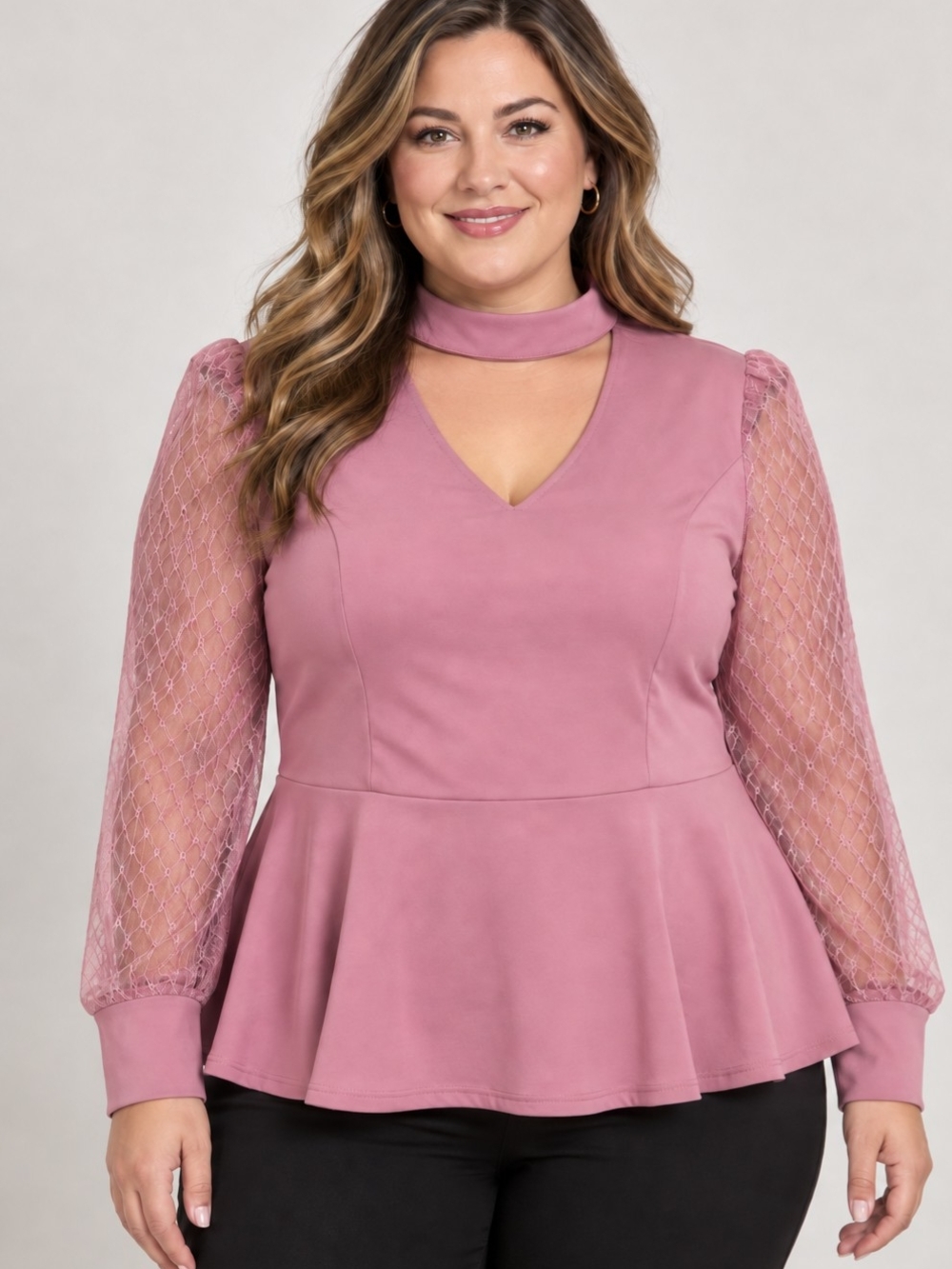 Ashley Stewart Dusty Rose Choker V-Neck Peplum Top